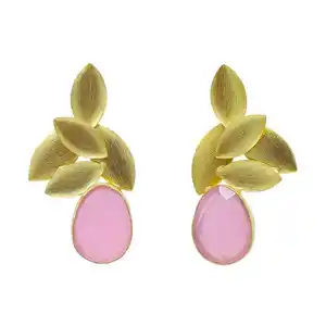 Rose Chalcedony Pink Gemstone Silver 925 Sterling Silver Gold Plated Earring Chalcedony Gemstone Designer Earring