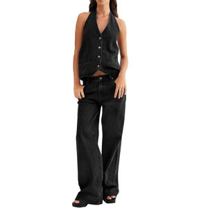 Conjunto de pantalones cortos de mujer, pantalones cortos de mezclilla elásticos sin mangas de verano, traje de mezclilla informal de 2 piezas para mujer a la venta a bajo precio - Product Image 1