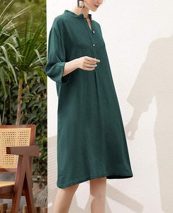 100% Cotton Solid Color Clothing for Women V-Neck Fashion <b>Three</b> Quarter Sleeve Dress - Product Image 2