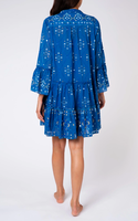 Encapsule Femmes Élevées Miroir Brodé Resortwear Soins Style Libre Mosaïque Impression Manches Évasées Filles Robe En Bleu Royal