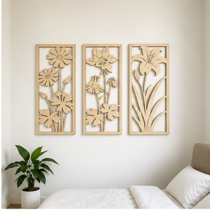 Wooden <b>Wall</b> Art Foliage Pattern Rectangle Handmade Decor Modern Minimalist Home Decoration Multi-piece Package Light Brown <b>Frame</b> - Product Image 1