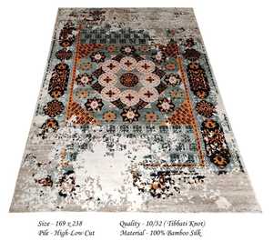 Tapis noué tibétain de luxe 100% coton Design abstrait avec tapis en soie de bambou à poils hauts et bas-Tapis et ensembles - Product Image 2