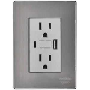 Presa a muro con protezione da sovratensione e USB, MXIOB-001, 1 pezzo, Presa USB A/USB C/Duplex, 110/125-250VAC, 15A, 50/60Hz, 5VDC, 3A, Argento, A - Product Image 1