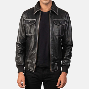 Chaqueta de caza de cuero genuino de alta calidad OEM para hombre, prendas de vestir exteriores de moda de calle con cuello levantado de lona personalizadas - Product Image 6