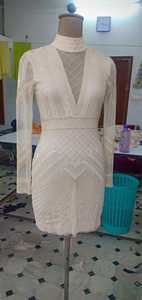 Perles florales broderie à la main à manches longues paillettes sexy chaudes licou cou genou longueur droite Tulle robe de soirée Cocktail - Product Image 2