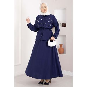 Conjunto de Falda y Top Azul Marino con Cinturón Adornado con Piedras, Tela Crepé Contemporánea, Estilo Diario, Top Largo y Corto Bordado, Talla XL para Primavera - Product Image 4