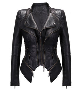 Chaqueta de motorista de moda de Invierno para mujer, cuero genuino, detalle de tachuelas, cuello levantado, cierre de cremallera, patrón sólido, forma perfecta - Product Image 3