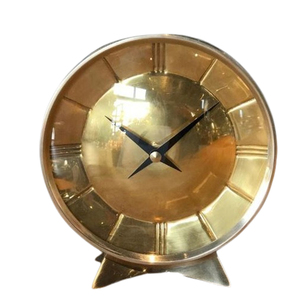 Reloj de mesa analógico de cuarzo de forma redonda para escritorio de estudio de oficina en casa de Metal de aluminio numérico romano chapado en oro - Product Image 1