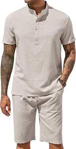 Men's <b>2</b> <b>Pieces</b> Set Short Sleeve Henley Shirts and Shorts Pants Texture <b>Summer</b> Beach Vacation <b>Outfits</b> - Product Image 3