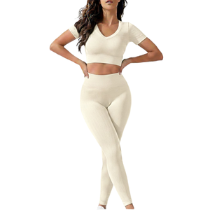 Custom Womens Yoga Activewear Set Two Piece High <b>Waist</b> Seamless Fitness Workout <b>Leggings</b> And Top - Product Image 1