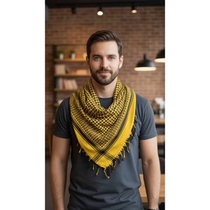 Écharpe châle Keffiyeh en coton noir moutarde, tissée douce, accessoire 90 x 90 cm - Product Image 2