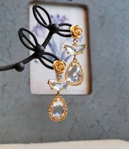 Boucles d'oreilles pendantes claires Art Déco Rose Stud Boucles d'oreilles de mariée Longue goutte de cristal 925 en argent Sterling 14k plaqué or cadeau - Product Image 1