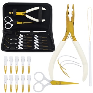 Gold White Silicone Hair Extension Tools Kit Stainless Steel Pliers Micro <b>Rings</b> Pulling Loop Needles Scissors Hair Section <b>Clips</b> - Product Image 1