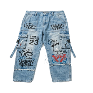 Pantalon cargo en jean tissé ample pour homme, taille haute, coupe décontractée, multi-poches, uni, streetwear, imprimé personnalisé, délavé foncé/clair, été - Product Image 3