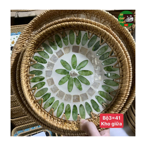 Plateau de service en mosaïque de nacre et de rotin, fait à la main, nouveau plateau combiné en rotin et en nacre de coquillage pour le thé et le café - Product Image 3