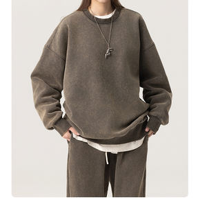 Sweatshirts à col rond surdimensionnés de couleur unie délavés à l'acide 100% sweats à capuche en coton sweatshirt à capuche vintage pour hommes lourds - Product Image 1