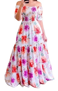 Verano de gran tamaño hombro abierto estampado flor rota bordado largo hasta el suelo ropa de calle de playa cintura Natural para mujer - Product Image 5