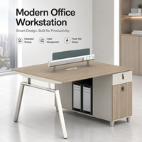 Poste de travail de bureau moderne pour 2 personnes avec cloison d'intimité, armoire de rangement et tiroir verrouillable, finition grain de bois