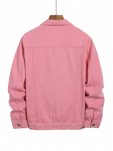 Pink Oversized Denim <b>Jackets</b> for Men with Full Customization <b>Vintage</b> Style Stand Collar Front Logo Custom Men's Outdoor Wear - Product Image 6