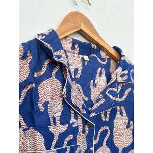 Women's Blue Animal Print Cotton Pajama Set Long Sleeve Turn-<b>Down</b> Collar Drawstring <b>Pants</b> Soft Woven Casual Sleepwear - Product Image 3