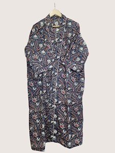 Bata Larga Estampada Floral para Mujer, Manga Tres Cuartos, Cuello Mandarín, Suave, Informal, para Primavera, Mezcla de Viscosa y Poliéster - Product Image 4