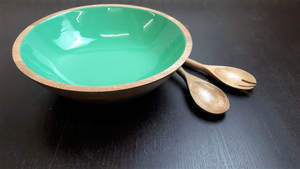 Bol de service à salade rond en bois naturel, ensemble intérieur en émail bleu ciel avec ensemble de service à salade assorti ensemble de deux - Product Image 6