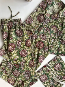 Hermoso conjunto de Pijamas largos para adultos Estampado de bloques de mano Conjunto de pijama de algodón puro Ropa de noche de algodón Traje suave-Regalo para ella - Product Image 2