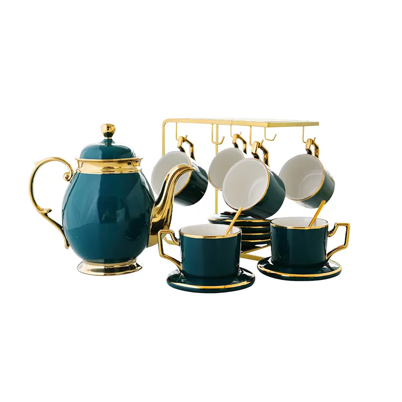 Arabic Turkish Ceramic Coffee Tea Sets with Storage Rack Gift Packing European Style Gold Rim Emerald Green Water Pot Cup Mug