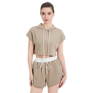 Personalizado verano casual sexy vintage mujer tela chándal algodón francés Terry lavado cremallera crop HOODIE 2 piezas pantalones cortos chándal conjunto - Product Image 3