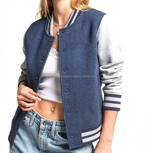 Women's Custom Letterman Varsity Denim Jacket Long Sleeve Cropped Baseball Style Drop Shoulder Printed Fabric <b>Nylon</b> - Product Image 1