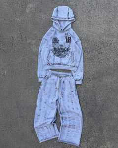 Conjunto de ropa de calle con serigrafía personalizada, pantalones de chándal informales con efecto desgastado de lavado sucio vintage transpirable - Product Image 1