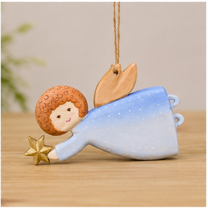 Handmade Wooden Angel <b>Hanging</b> Ornament Blue Gradient With Gold <b>Star</b> Cuté Christmas Decor Medium Size - Product Image 1