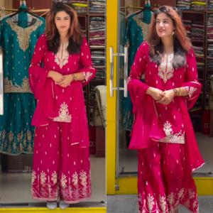 Nouveau Designer Party Wear Look Top Sharara Palazzo Suit et Dupatta Accessible à un prix raisonnable - Product Image 1