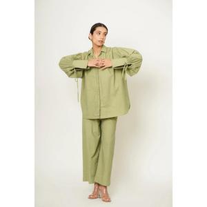 Ensemble coordonné pour femme en coton vert olive, style gothique, à motifs floraux paisley, chemise longue et pantalon large, décontracté, surdimensionné, deux pièces - Product Image 2