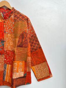 เสื้อโค้ทส่าหรีกันธาทำด้วยมือเสื้อโค้ทผ้าถักปะต่อสั้นผ้าคอตตอนดีไซน์แบบปักระบายอากาศได้ดีสไตล์วินเทจ - Product Image 2