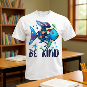 T-shirt per la Giornata Mondiale del Libro con design a squame di pesce arcobaleno - T-shirt promozionale Be Kind - Product Image 3