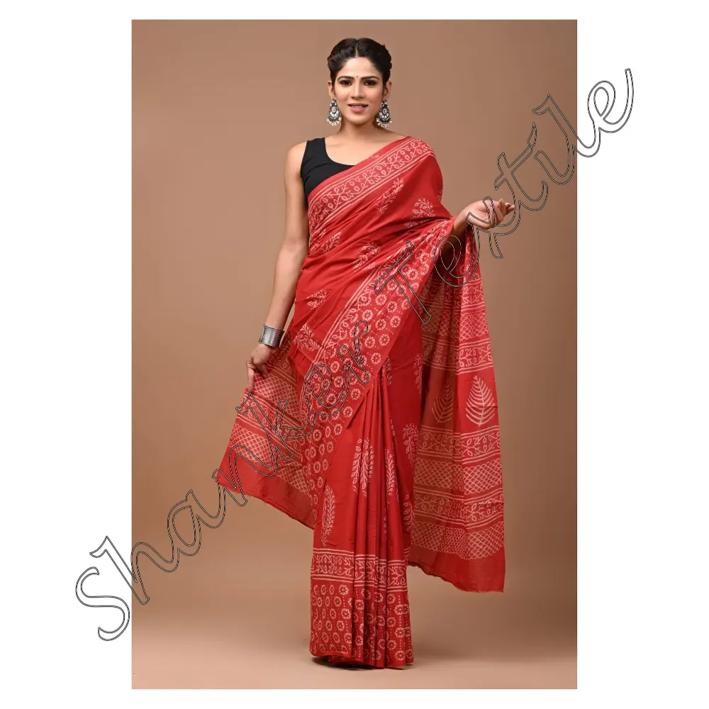 Saree untuk pesta katun mulmulmulmull dicetak dengan blus kain dari Jaipur katun mulmut blok dicetak pekerjaan desainer tidak dijahit blus