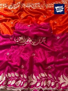 Trabajo bordado puro suave Chinon seda Sari para fiesta boda Diwali Festival desgaste mujeres con exclusiva blusa elegante más vendida - Product Image 2