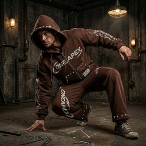 <b>Brown</b> Rhinestone Graphic Zip Up Hoodie Sweatpants Tracksuit Sets Men's Streetwear Two Piece <b>Jogger</b> Outfit Wholesale OEM - Product Image 4