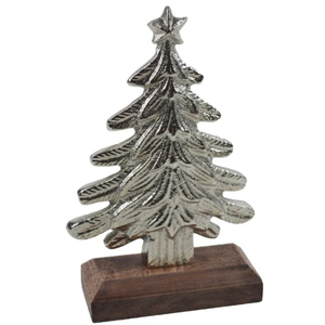 Escultura de árbol de Navidad de aluminio plateado de alta calidad con base de madera adorno de mesa festivo niquelado para Navidad - Product Image 2