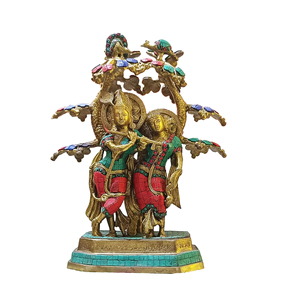 Grande statue moderne Radha Krishna idole en laiton fait à la main Sculpture hindoue Figurine Turquoise travail pour mariages anniversaires Diwali - Product Image 1