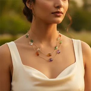 Collier bohème religieux en pierres précieuses, perles colorées en pierres semi-précieuses avec chaîne plaquée or pour fête ou cadeau - Product Image 1