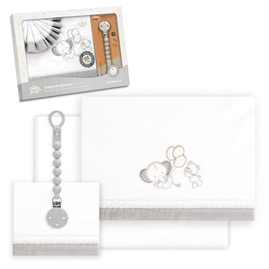 Ensemble de literie pour bébé 3 pièces avec porte-sucette, 100% coton tissé, motif de personnage - Modèle Elefante-Globos - Product Image 1