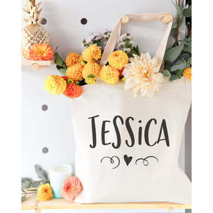 Medium Cotton Canvas Tote Bag with Personalized Name <b>Mini</b> Heart Long Handle Heat Transfer Printed for Daily Use Advertising Gift - Product Image 4