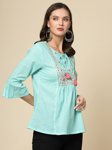 Élégant et stylé, couleur turquoise, style court, magnifique broderie, manches longues, silhouette plissée, imprimé floral, confortable et décontracté - Product Image 3