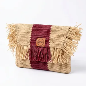 Sac à main en raphia bohème ANA Madagascar avec franges, sac à main pour femme, doublure en polyester résistante à l'eau, fermeture éclair - Product Image 3