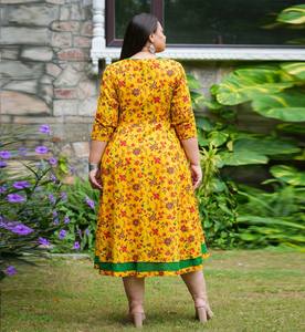 Vestido Anarkali de Maternidad de Algodón Elástico con Estampado Floral Mostaza para Mujer, con Cuello Mao y Mangas 3/4, Fácil y Cómodo - Product Image 3