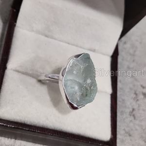 Joyería de piedra áspera de exportación, anillo de mujer, aguamarina Natural, piedra preciosa cruda, piedra natal de marzo, anillo de Plata de Ley 925 martillado - Product Image 2