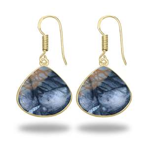 Boucles d'oreilles en jaspe Picasso naturel de qualité supérieure, paire de cabochons, lisses, polies à la main, bijoux de naissance, plaqué or 18 carats, en laiton - Product Image 2