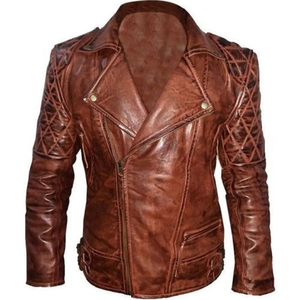<b>Men's</b> Brown Genuine <b>Leather</b> Moto <b>Jacket</b> Criss-Cross Sleeve Design Turn-Down Collar Zipper Closure Slim Fit Autumn Wear - Product Image 6